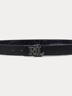 M Lauren Ralph Lauren Logo Reversible Crocodile Embossed Black Belt Silver